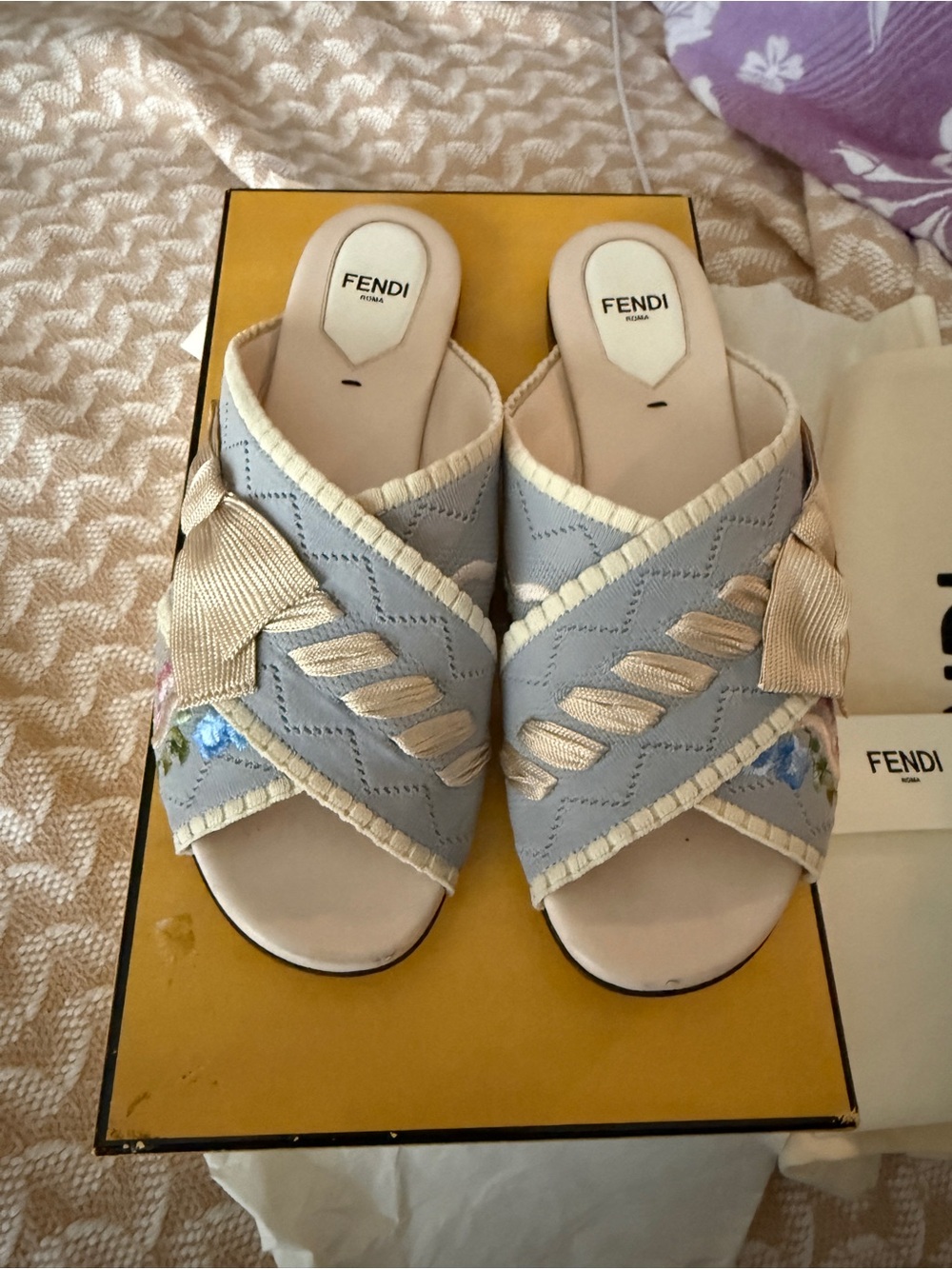 Fendi Embroidered Bow Slide Sandals size 37